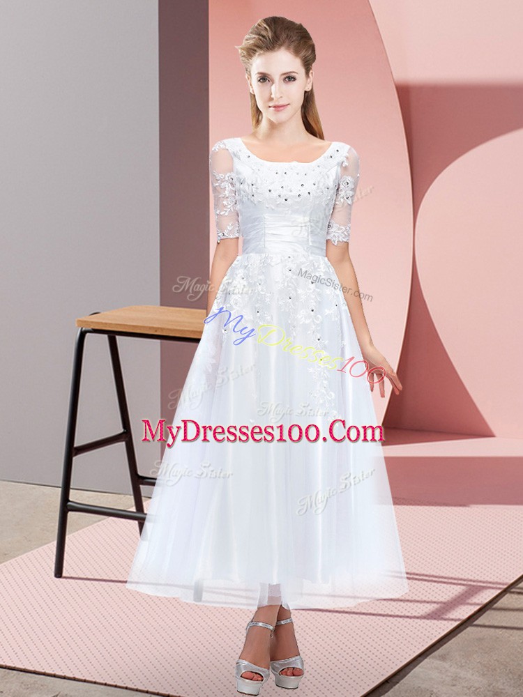 Great White Empire Scoop Short Sleeves Tulle Tea Length Lace Up Beading and Lace Wedding Party Dress