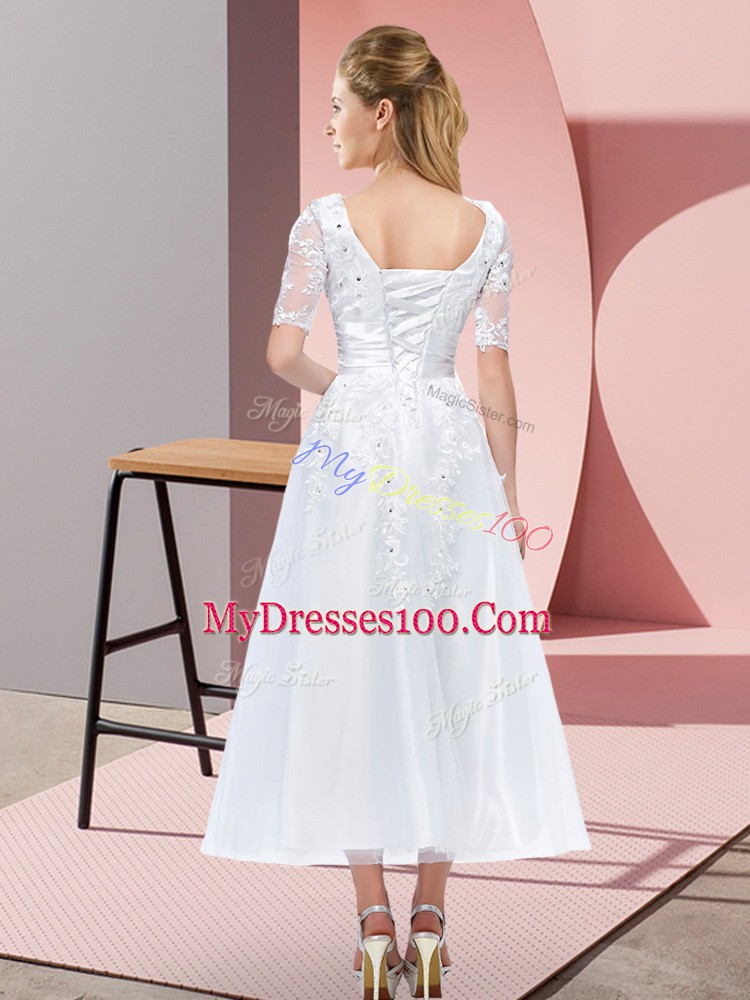 Great White Empire Scoop Short Sleeves Tulle Tea Length Lace Up Beading and Lace Wedding Party Dress