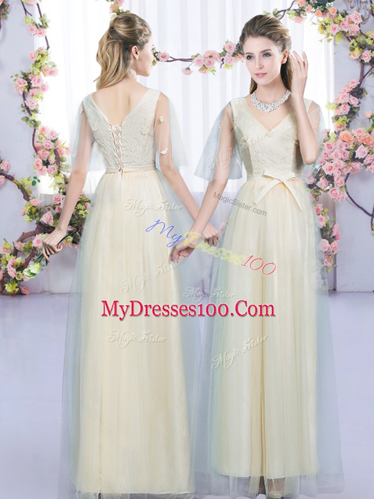 Lovely Champagne Lace Up Quinceanera Court Dresses Lace and Bowknot Sleeveless Floor Length