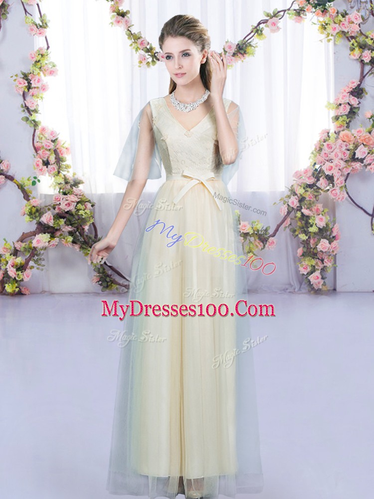 Lovely Champagne Lace Up Quinceanera Court Dresses Lace and Bowknot Sleeveless Floor Length