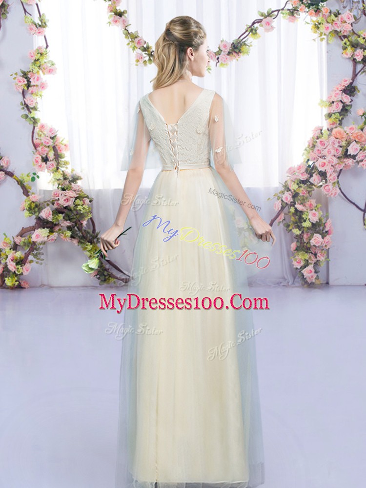 Lovely Champagne Lace Up Quinceanera Court Dresses Lace and Bowknot Sleeveless Floor Length