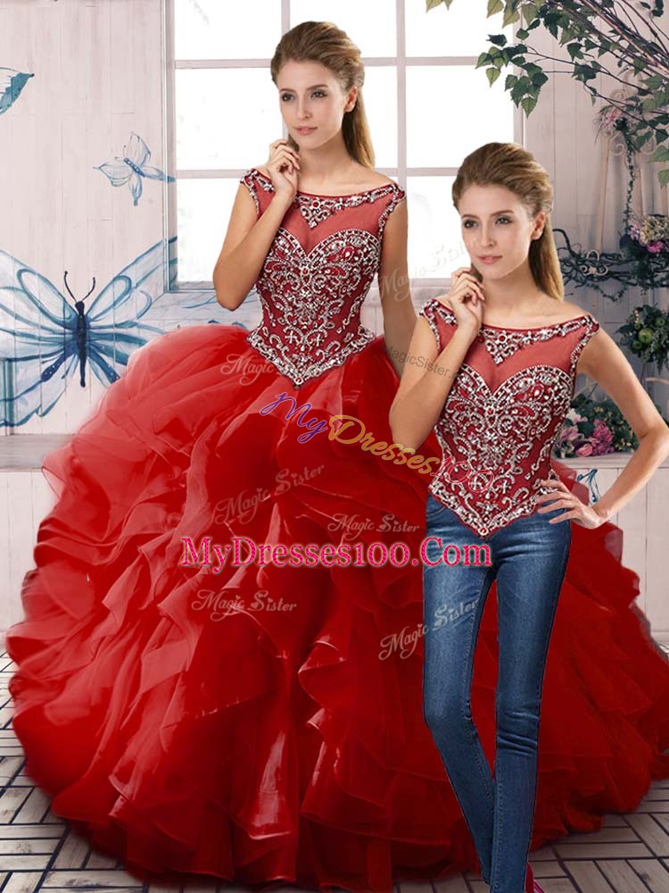 Red Sleeveless Organza Zipper Quinceanera Dress for Sweet 16 and Quinceanera