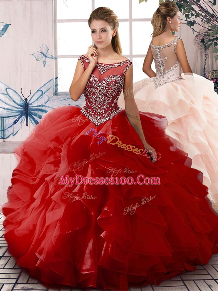 Red Sleeveless Organza Zipper Quinceanera Dress for Sweet 16 and Quinceanera