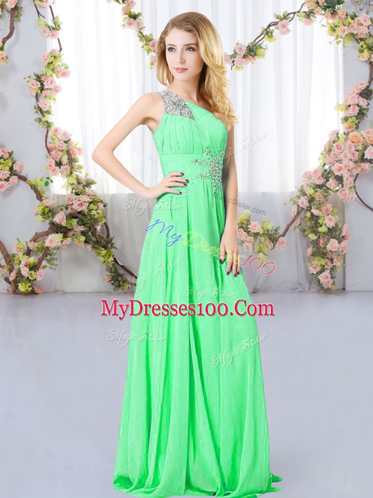 Cute Green Chiffon Zipper One Shoulder Sleeveless Floor Length Quinceanera Court Dresses Beading