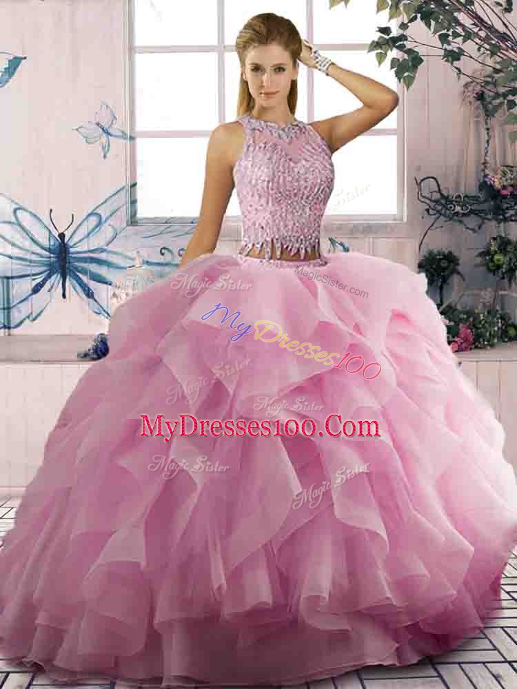 Shining Floor Length Pink Quinceanera Dresses Scoop Sleeveless Zipper