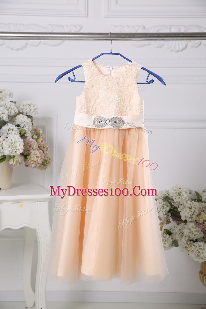 Tulle Sleeveless Floor Length Flower Girl Dresses and Lace and Belt