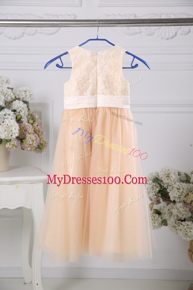Tulle Sleeveless Floor Length Flower Girl Dresses and Lace and Belt