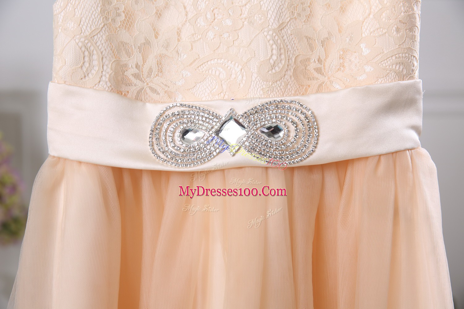 Tulle Sleeveless Floor Length Flower Girl Dresses and Lace and Belt