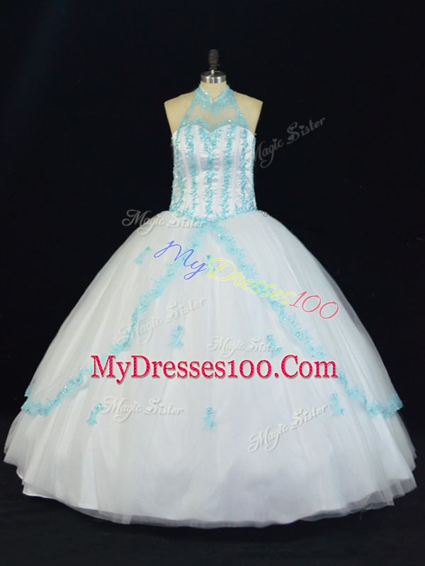 Decent Blue And White Sleeveless Floor Length Appliques Lace Up Quinceanera Gowns