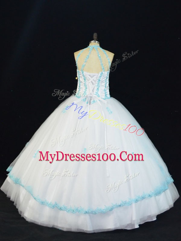 Decent Blue And White Sleeveless Floor Length Appliques Lace Up Quinceanera Gowns