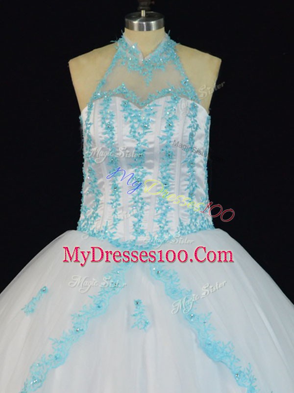 Decent Blue And White Sleeveless Floor Length Appliques Lace Up Quinceanera Gowns