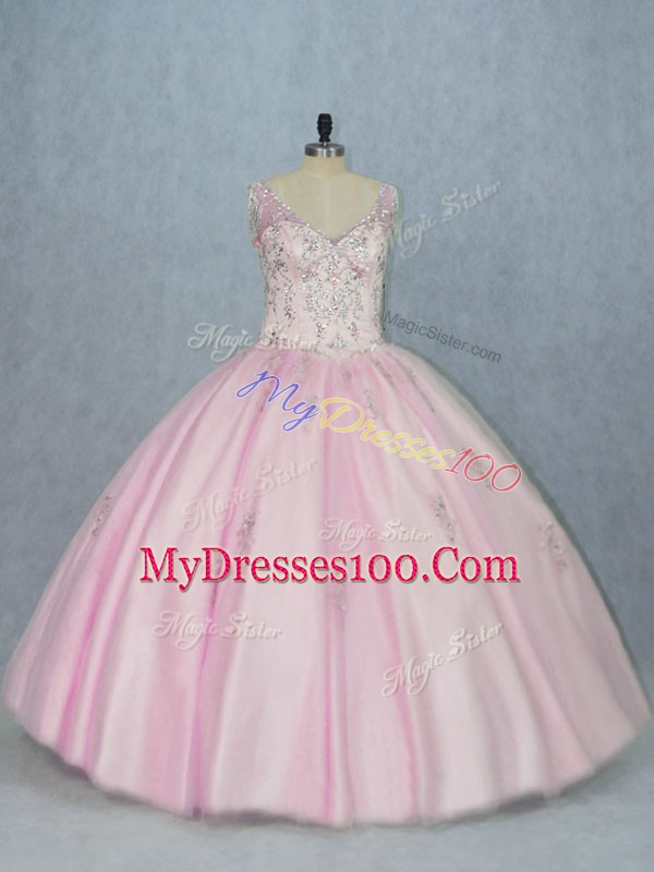 Fantastic Floor Length Backless 15 Quinceanera Dress Baby Pink for Sweet 16 and Quinceanera with Beading and Appliques