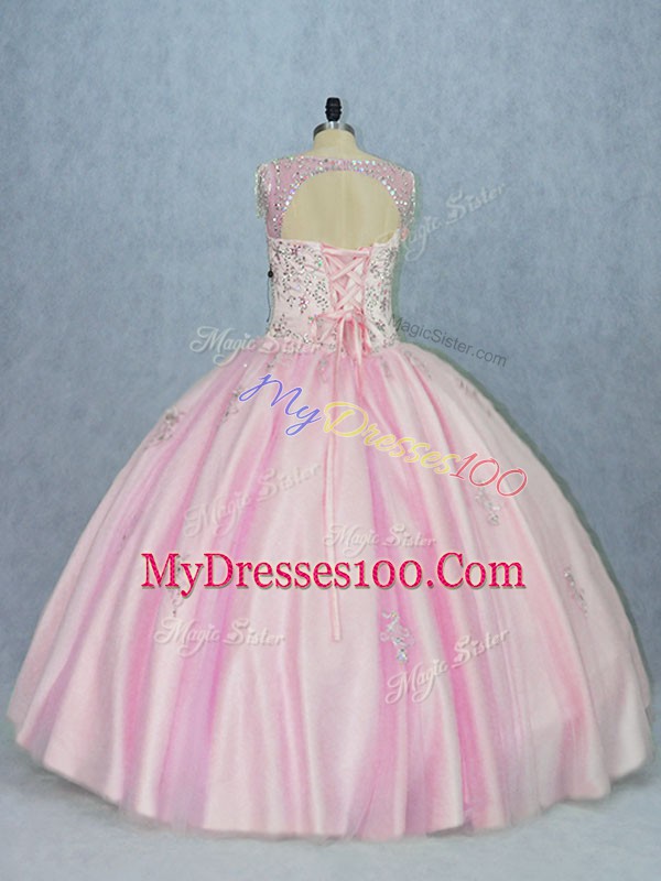 Fantastic Floor Length Backless 15 Quinceanera Dress Baby Pink for Sweet 16 and Quinceanera with Beading and Appliques