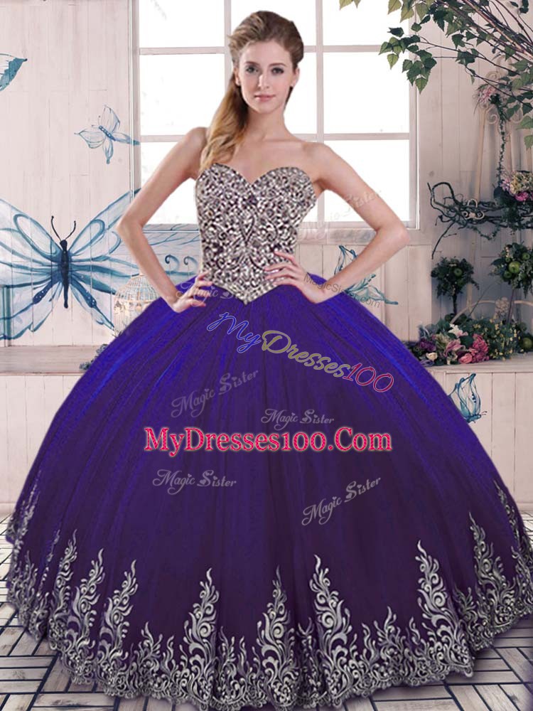 Sweetheart Sleeveless Lace Up Quinceanera Gown Purple Tulle