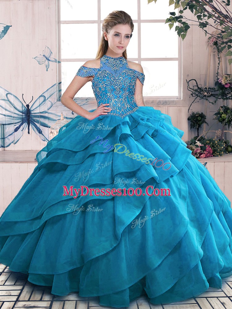 Blue Ball Gowns Beading and Ruffled Layers 15th Birthday Dress Lace Up Organza Sleeveless Floor Length