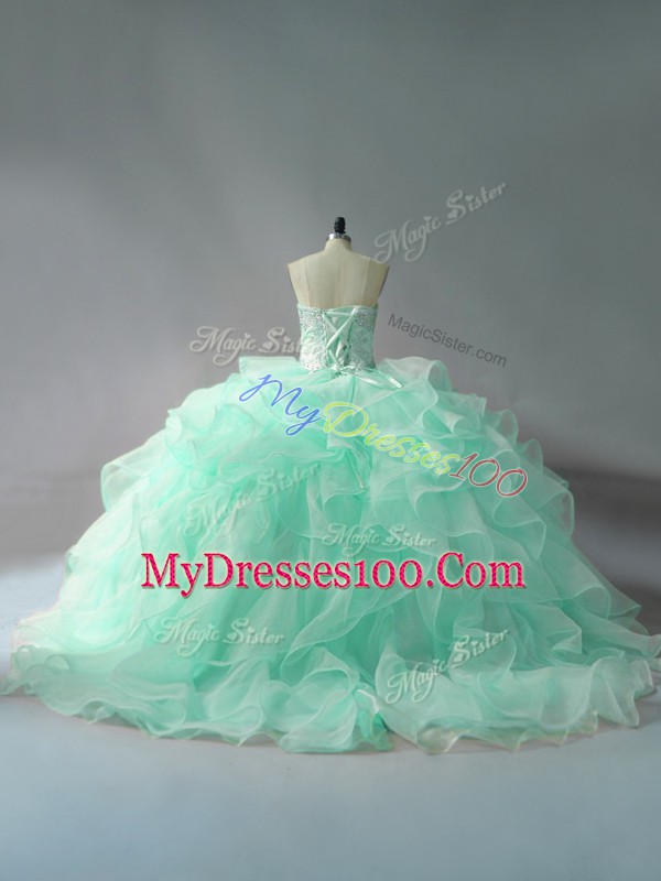 Fantastic Sleeveless Court Train Lace Up Beading and Ruffles 15th Birthday Dress
