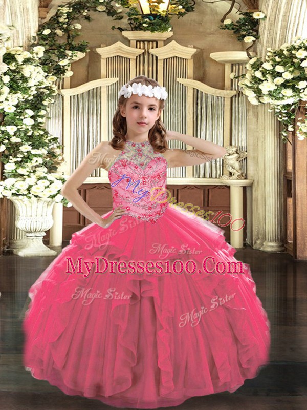 Hot Pink Sleeveless Floor Length Beading and Ruffles Lace Up Little Girls Pageant Dress