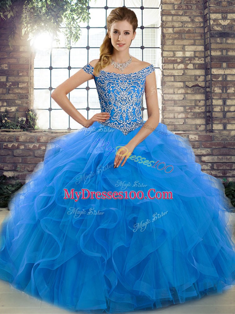 Off The Shoulder Sleeveless Brush Train Lace Up Sweet 16 Quinceanera Dress Blue Tulle