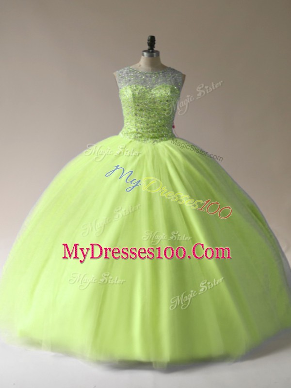 Beading Vestidos de Quinceanera Yellow Green Lace Up Sleeveless Floor Length