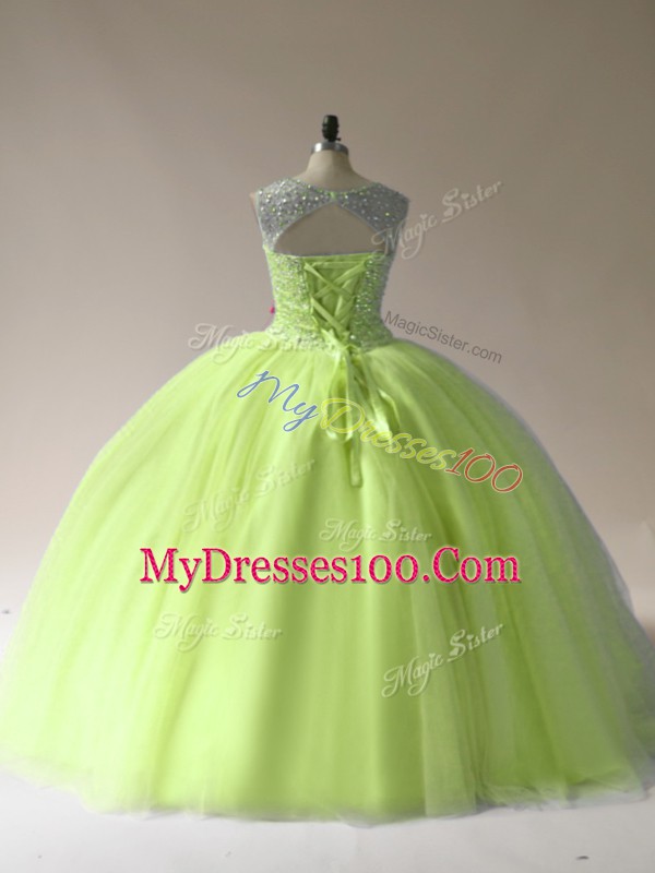 Beading Vestidos de Quinceanera Yellow Green Lace Up Sleeveless Floor Length