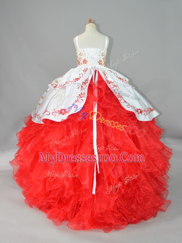 Classical White And Red Satin and Organza Lace Up Little Girls Pageant Dress Sleeveless Sweep Train Beading and Embroidery and Ruffles
