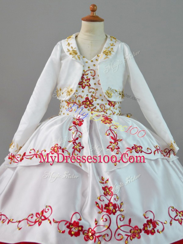 Classical White And Red Satin and Organza Lace Up Little Girls Pageant Dress Sleeveless Sweep Train Beading and Embroidery and Ruffles