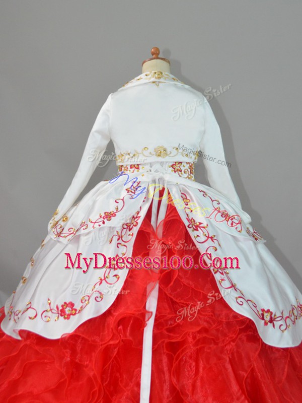 Classical White And Red Satin and Organza Lace Up Little Girls Pageant Dress Sleeveless Sweep Train Beading and Embroidery and Ruffles