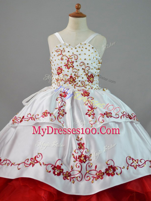 Classical White And Red Satin and Organza Lace Up Little Girls Pageant Dress Sleeveless Sweep Train Beading and Embroidery and Ruffles