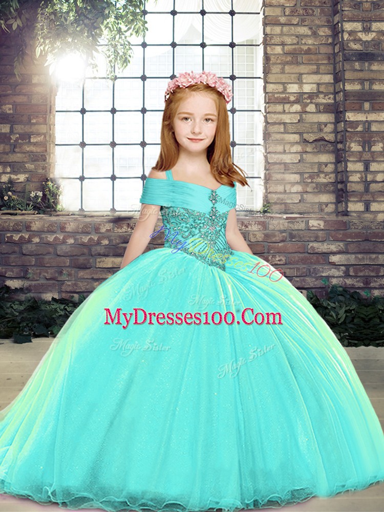 Dazzling Brush Train Ball Gowns Girls Pageant Dresses Aqua Blue Straps Sleeveless Lace Up