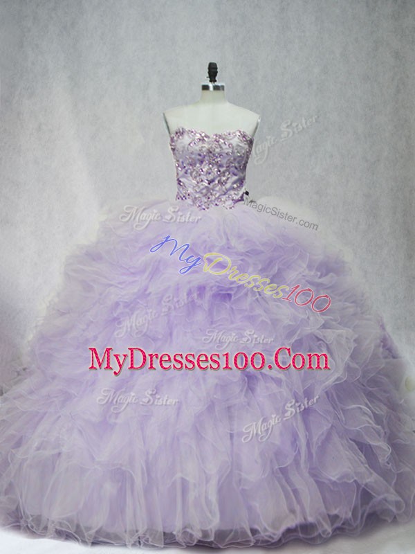 Traditional Lavender Lace Up 15 Quinceanera Dress Ruffles Sleeveless Brush Train