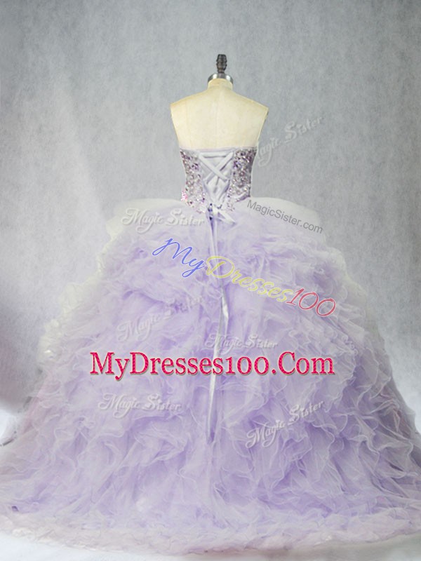 Traditional Lavender Lace Up 15 Quinceanera Dress Ruffles Sleeveless Brush Train
