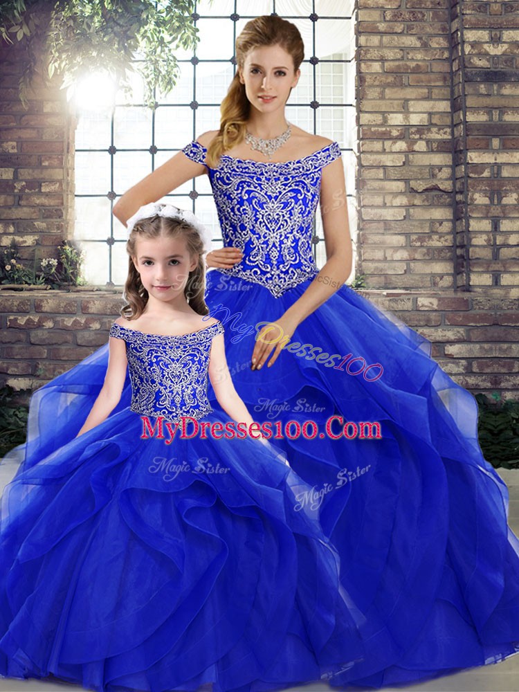 Off The Shoulder Sleeveless Quince Ball Gowns Brush Train Beading and Ruffles Royal Blue Tulle
