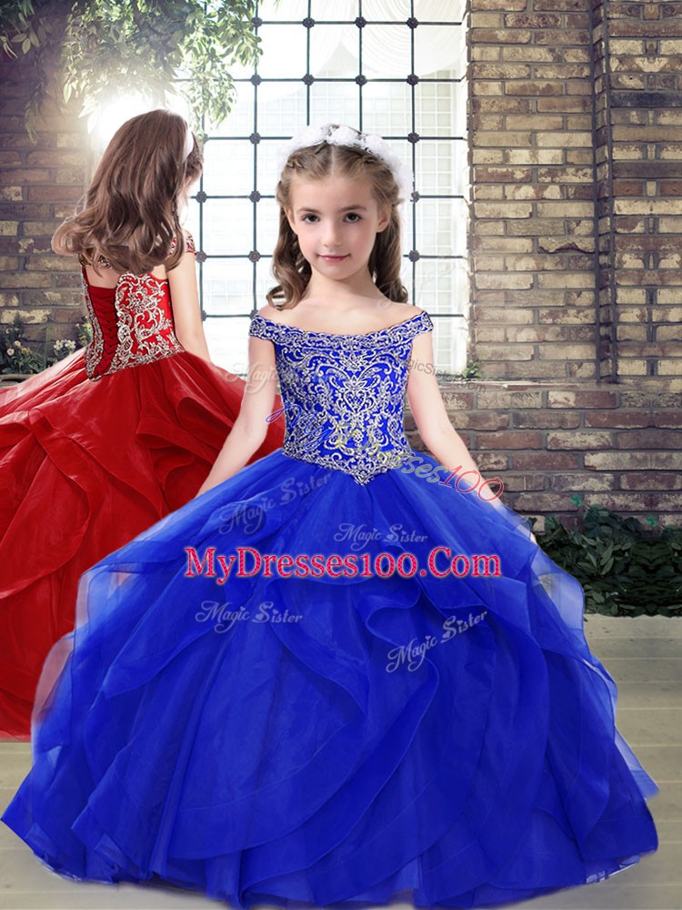 Off The Shoulder Sleeveless Quince Ball Gowns Brush Train Beading and Ruffles Royal Blue Tulle