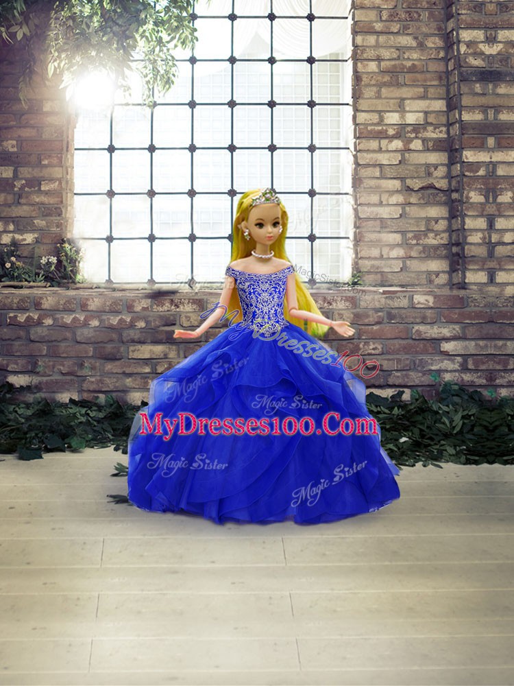 Off The Shoulder Sleeveless Quince Ball Gowns Brush Train Beading and Ruffles Royal Blue Tulle