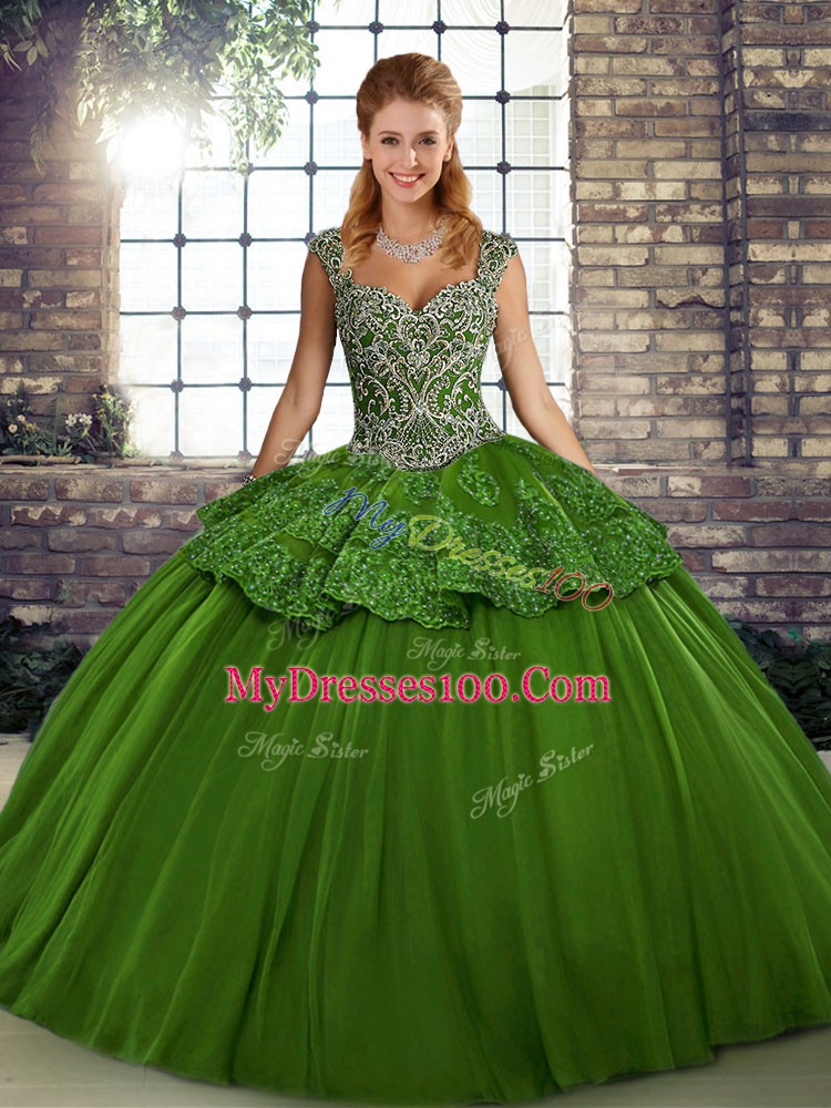 Custom Made Green Lace Up Straps Beading and Appliques Vestidos de Quinceanera Tulle Sleeveless