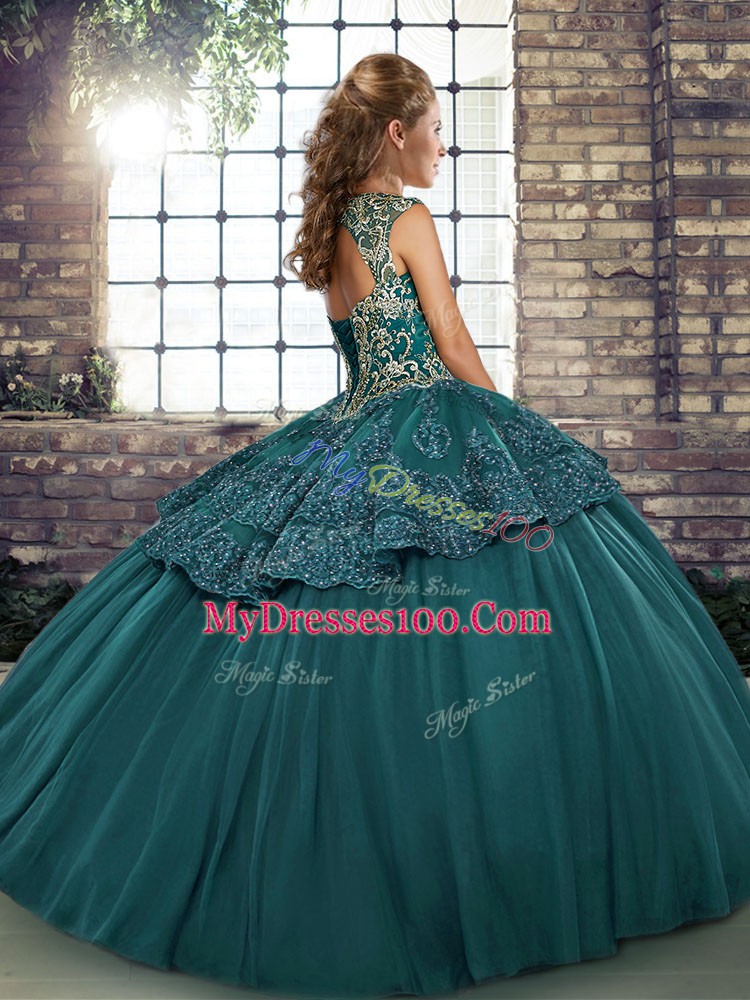 Custom Made Green Lace Up Straps Beading and Appliques Vestidos de Quinceanera Tulle Sleeveless