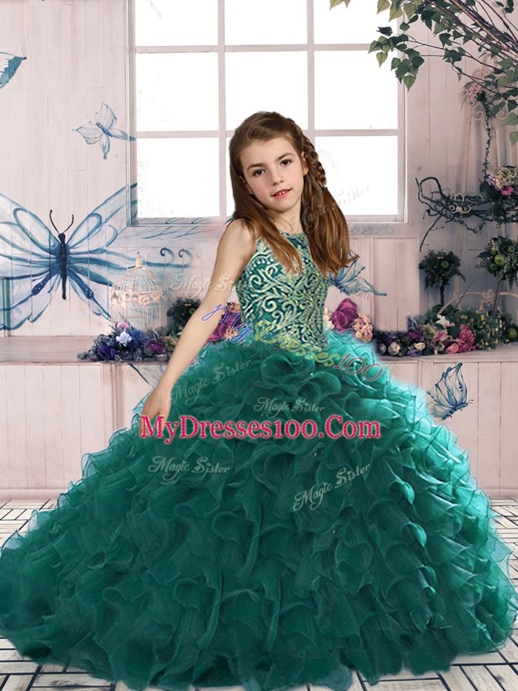Turquoise Scoop Neckline Beading and Ruffles Custom Made Pageant Dress Sleeveless Lace Up