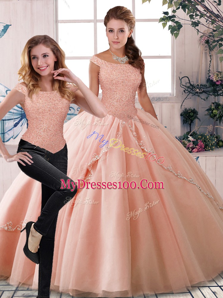 Peach Off The Shoulder Lace Up Beading Quince Ball Gowns Brush Train Sleeveless