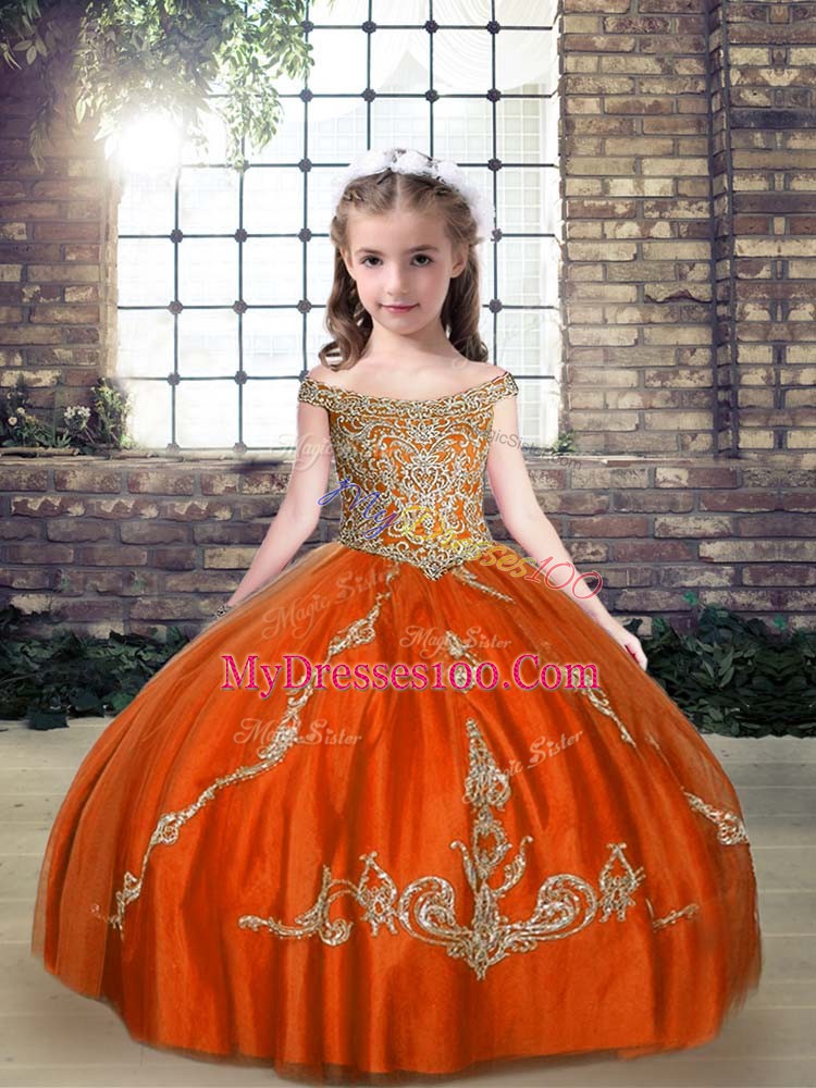 Orange Red Lace Up Off The Shoulder Beading Custom Made Pageant Dress Tulle Sleeveless