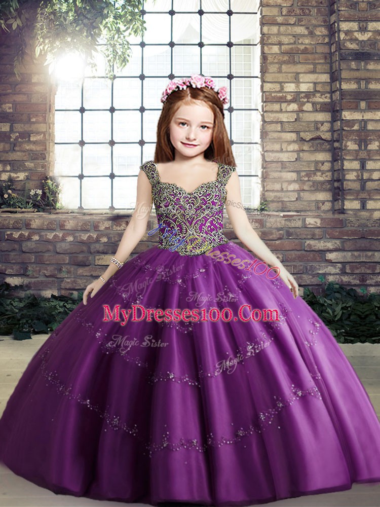 Tulle Straps Sleeveless Lace Up Beading Kids Pageant Dress in Purple