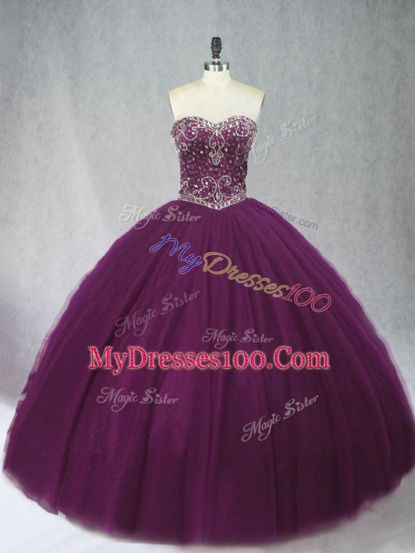 Dark Purple Ball Gowns Sweetheart Sleeveless Tulle Floor Length Lace Up Beading Ball Gown Prom Dress