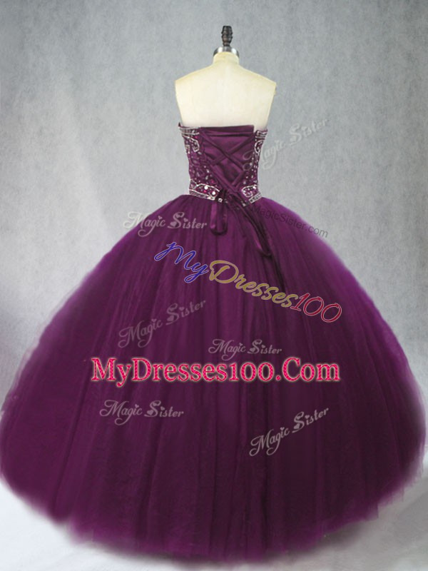 Dark Purple Ball Gowns Sweetheart Sleeveless Tulle Floor Length Lace Up Beading Ball Gown Prom Dress