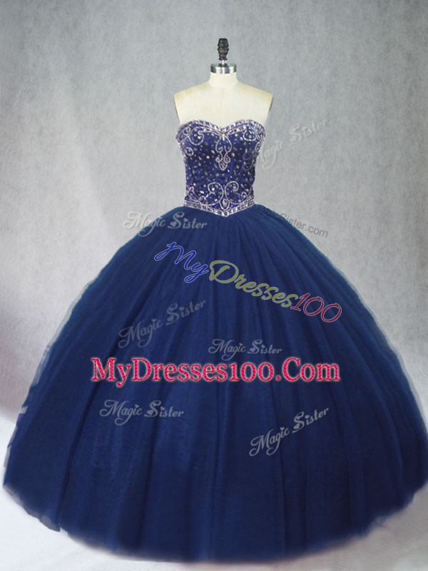 Navy Blue Sleeveless Tulle Lace Up Quince Ball Gowns for Sweet 16 and Quinceanera