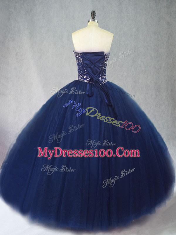 Navy Blue Sleeveless Tulle Lace Up Quince Ball Gowns for Sweet 16 and Quinceanera