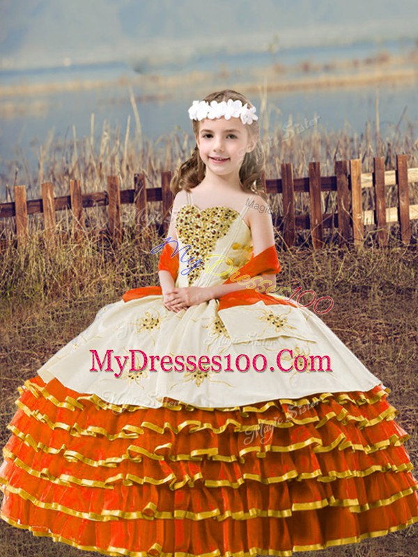 Orange Red Lace Up Kids Pageant Dress Beading and Embroidery and Ruffled Layers Sleeveless Floor Length