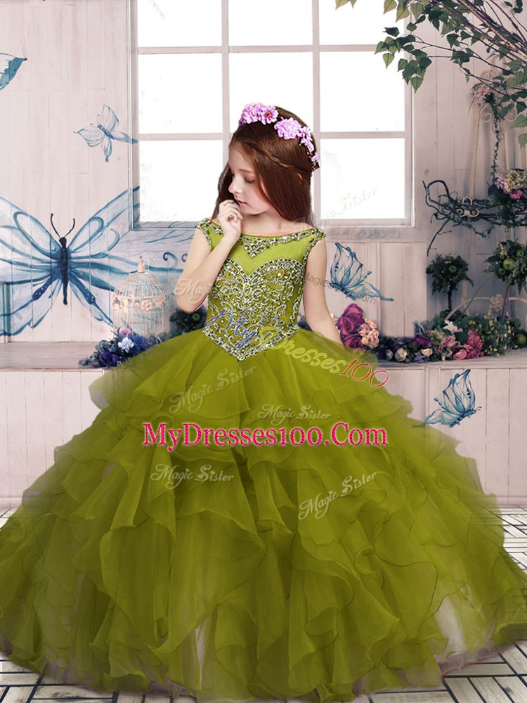 Olive Green Ball Gowns Organza Scoop Sleeveless Beading and Ruffles Floor Length Lace Up Kids Formal Wear