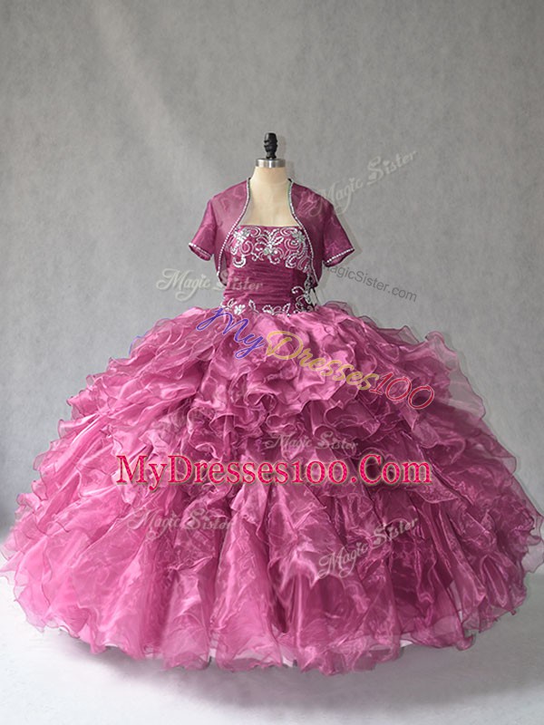 Strapless Sleeveless Sweet 16 Dresses Floor Length Beading and Ruffles Burgundy Organza