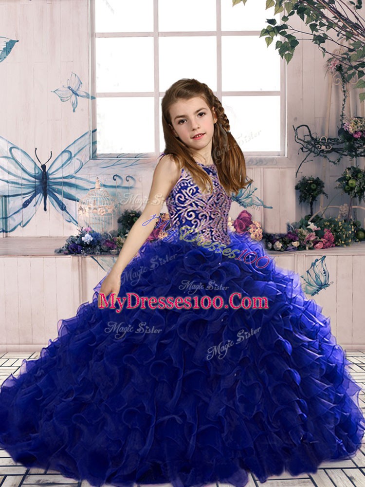Royal Blue Organza Lace Up Little Girls Pageant Dress Wholesale Sleeveless Floor Length Beading and Ruffles