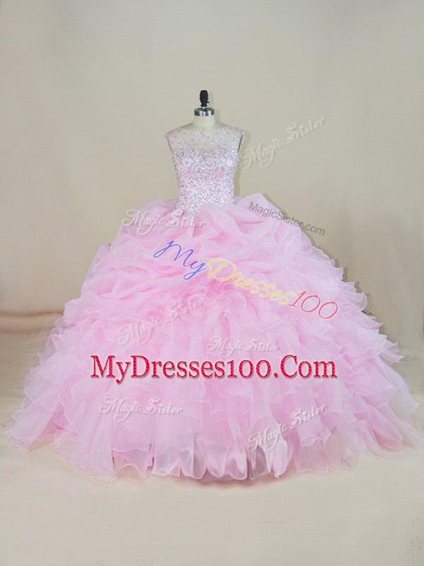 Sleeveless Brush Train Beading and Ruffles Backless Sweet 16 Quinceanera Dress