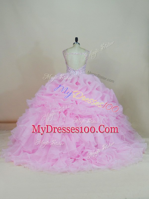 Sleeveless Brush Train Beading and Ruffles Backless Sweet 16 Quinceanera Dress
